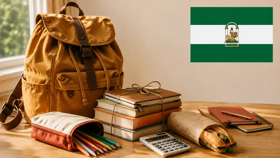 Mochila y material escolar junto a la bandera de Andalucía