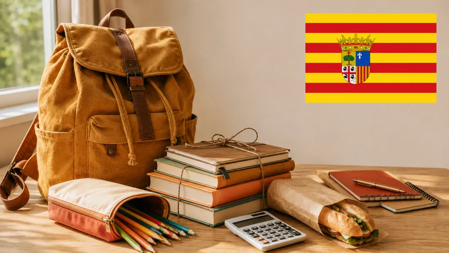 Mochila y material escolar junto a la bandera de Aragón