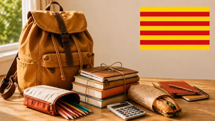 Mochila y material escolar junto a la bandera de Cataluña