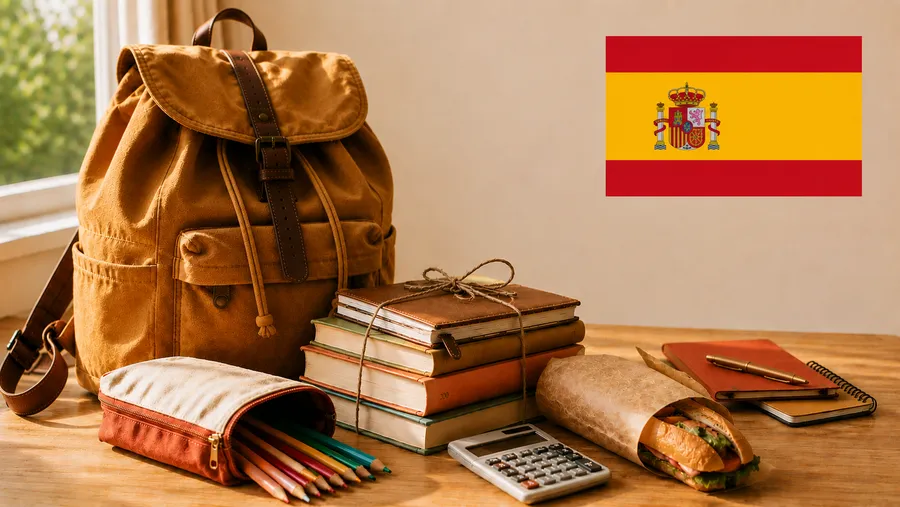 Mochila y material escolar junto a la bandera de España
